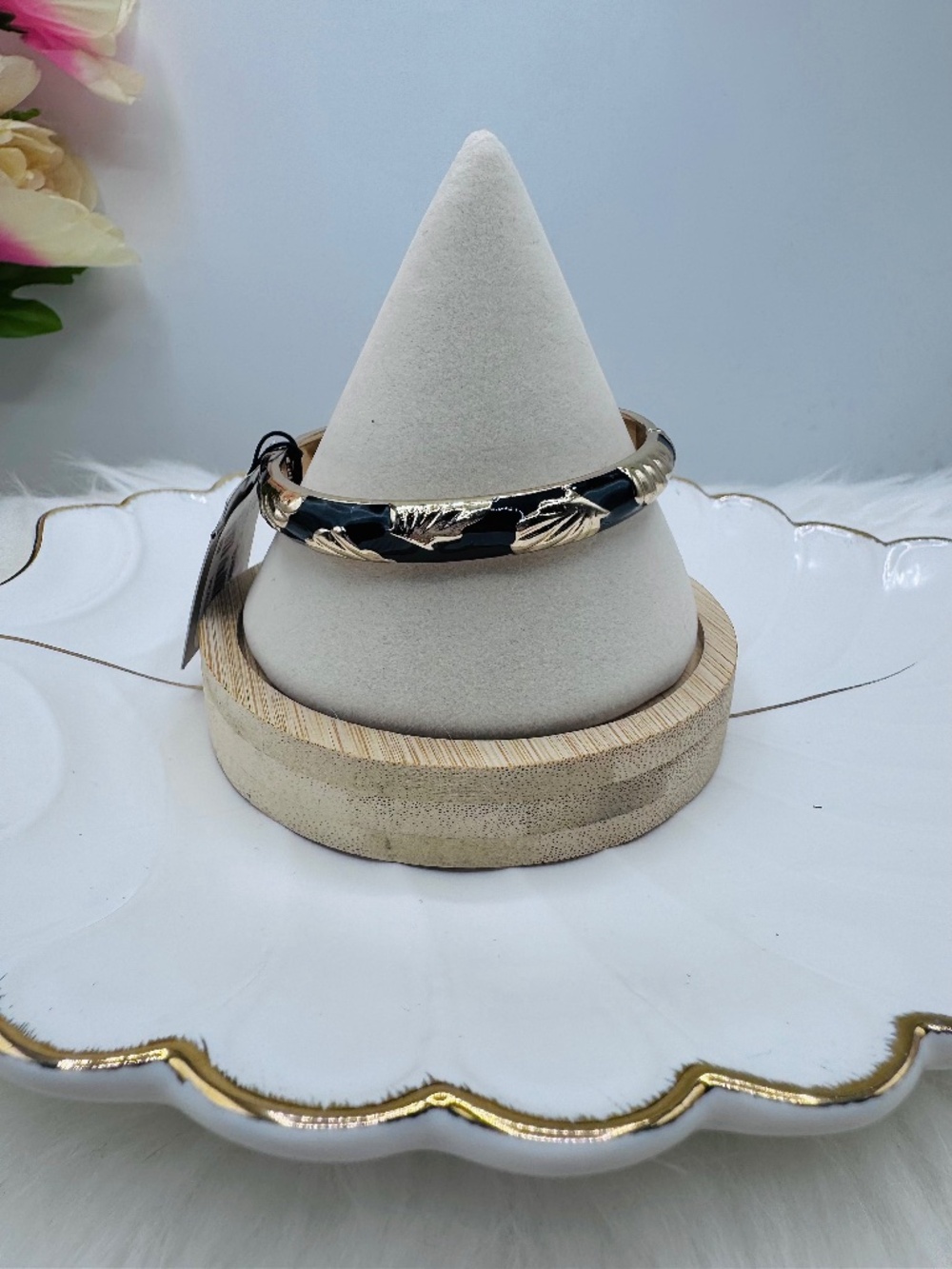 Black & Gold Hinged Bangle Bracelet | Enamel Accent